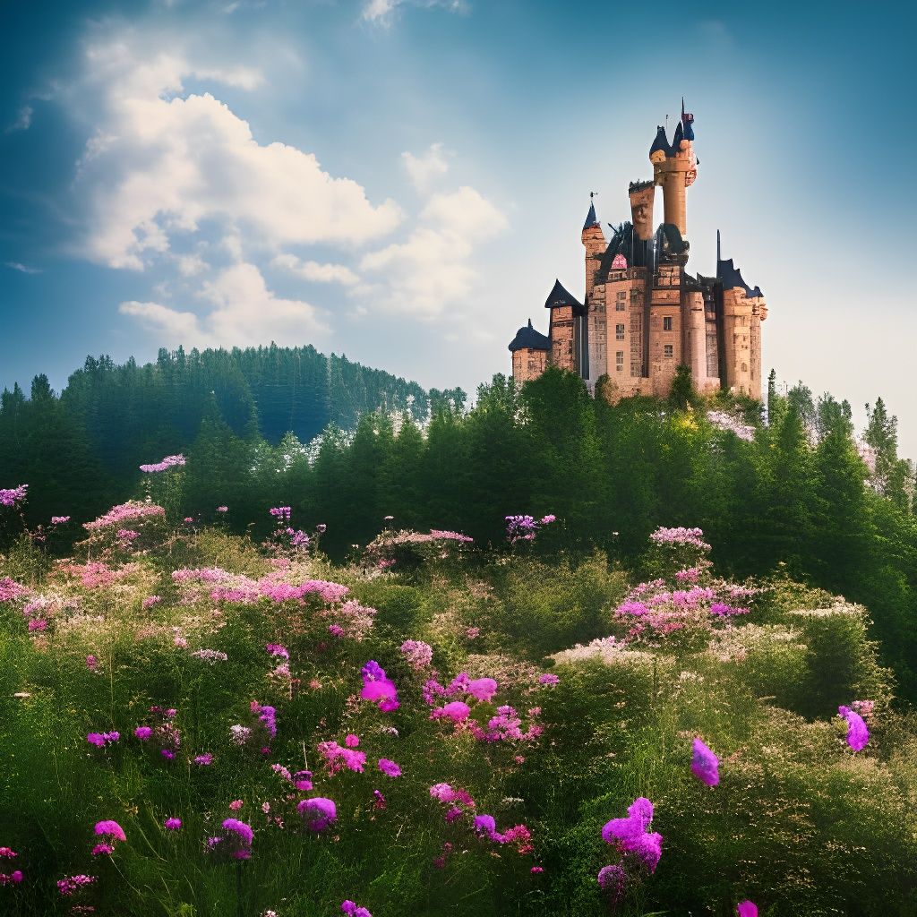 Majestic Castle on Mountain in Summer Landscape