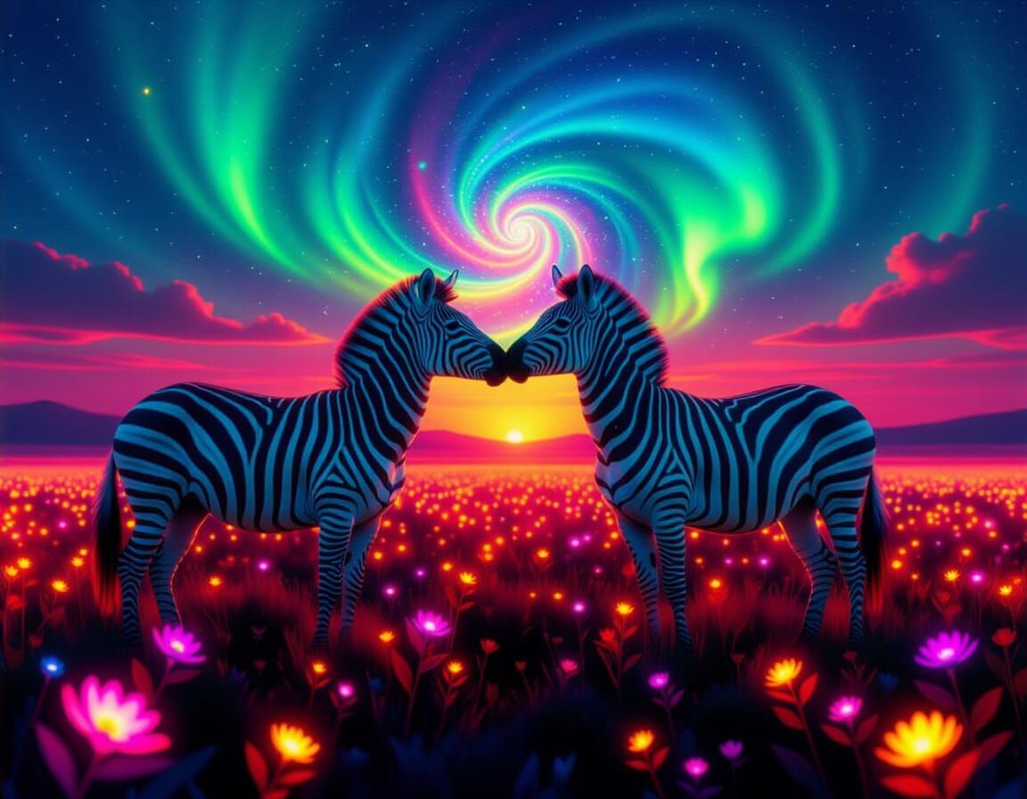 Surreal Zebras Kiss in Bioluminescent Fractal Meadow
