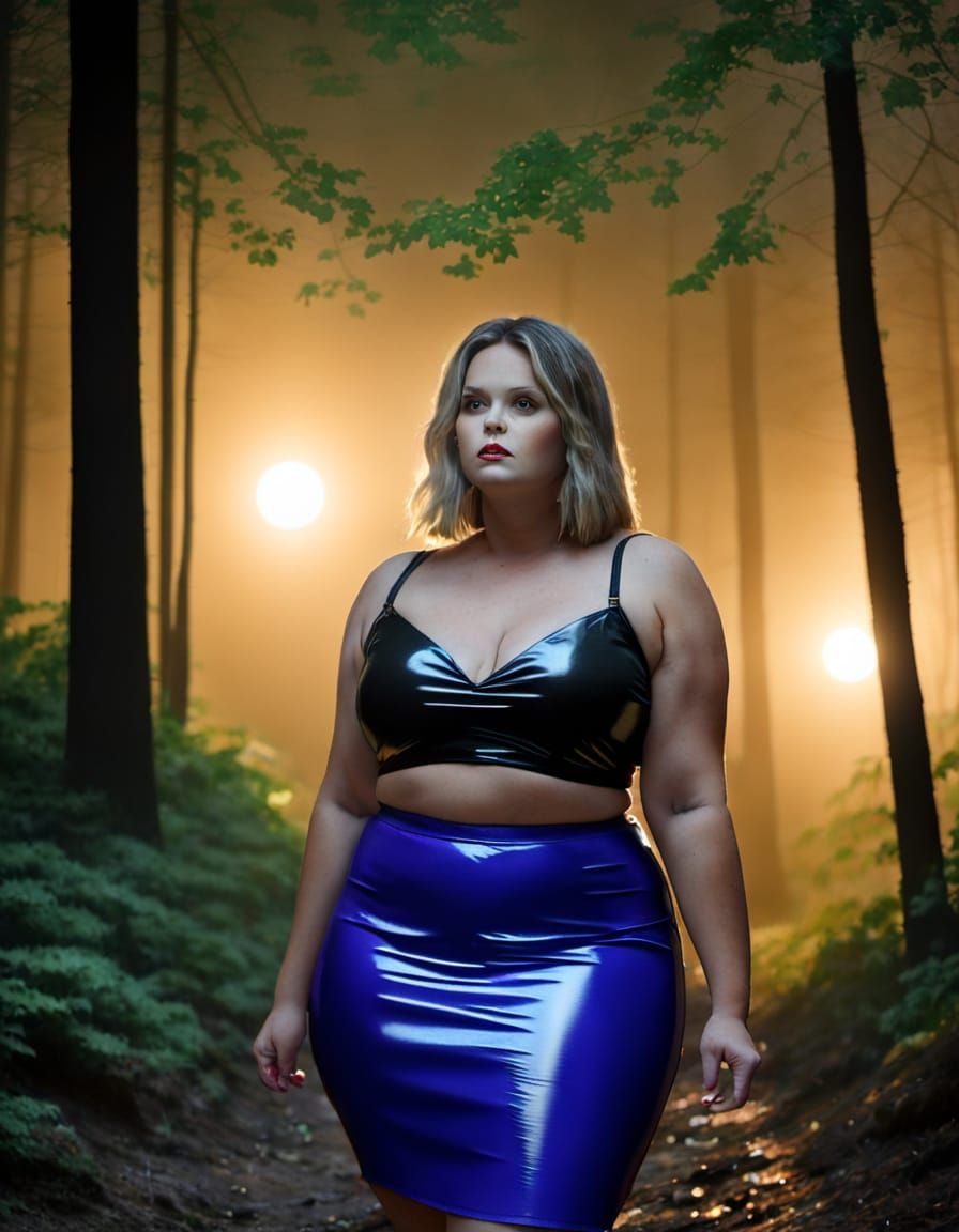 Woman in PVC Skirt Walking Through Moonlit Woods