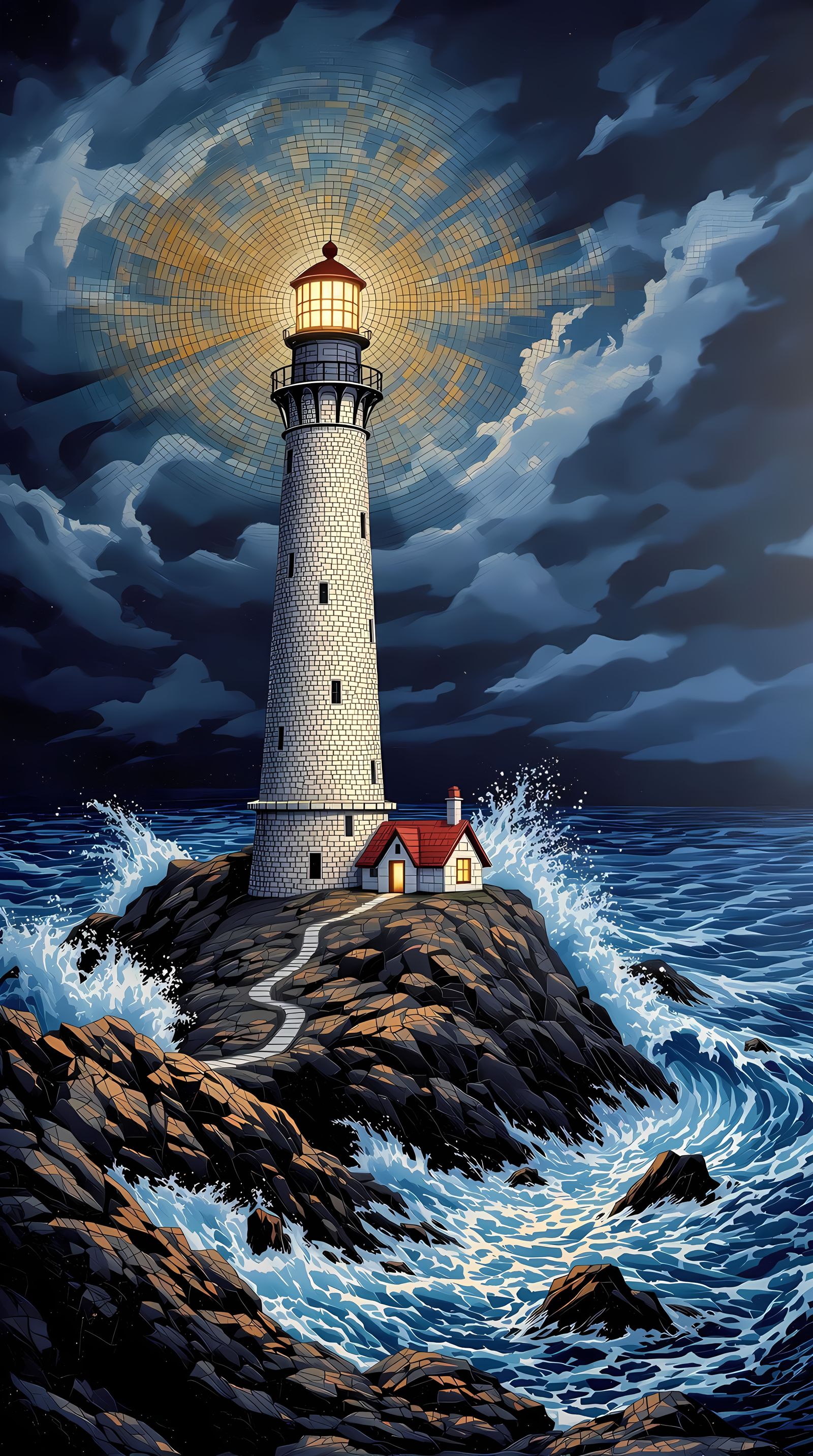 Dramatic Mosaic Storm Scene with Lighthouse