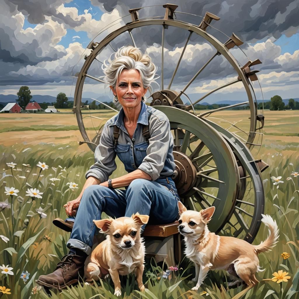 Flax Field Spinner in Wet Oil Painting Style