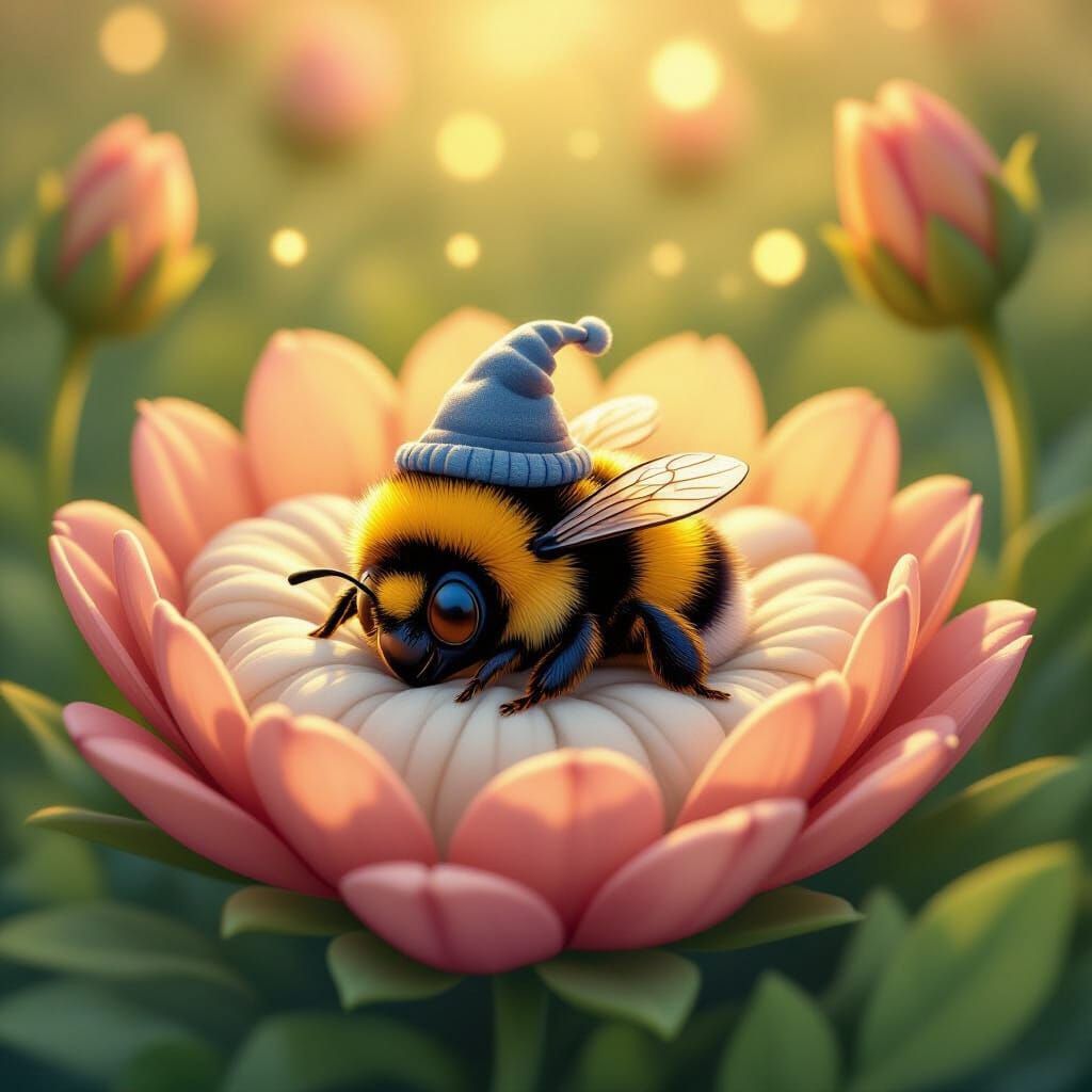 Sleepy Bee in Flower: Whimsical Pixar Style