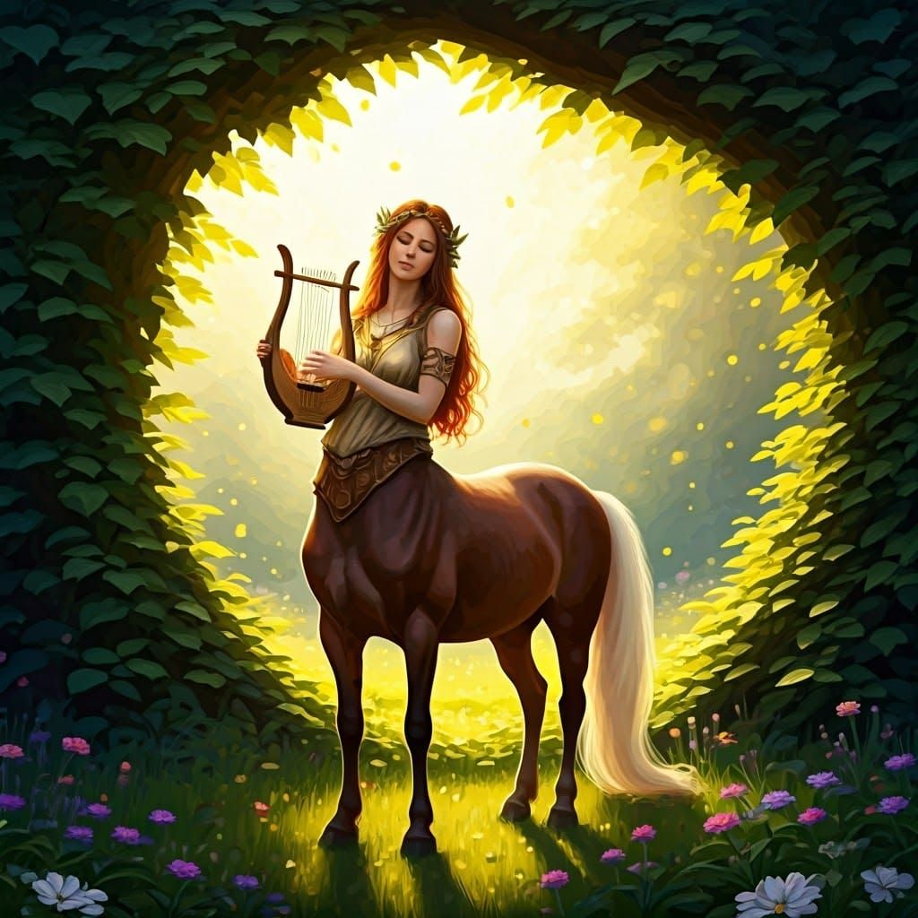 A peaceful scene featuring a female centaur playing a musical instrument or interacting with nature