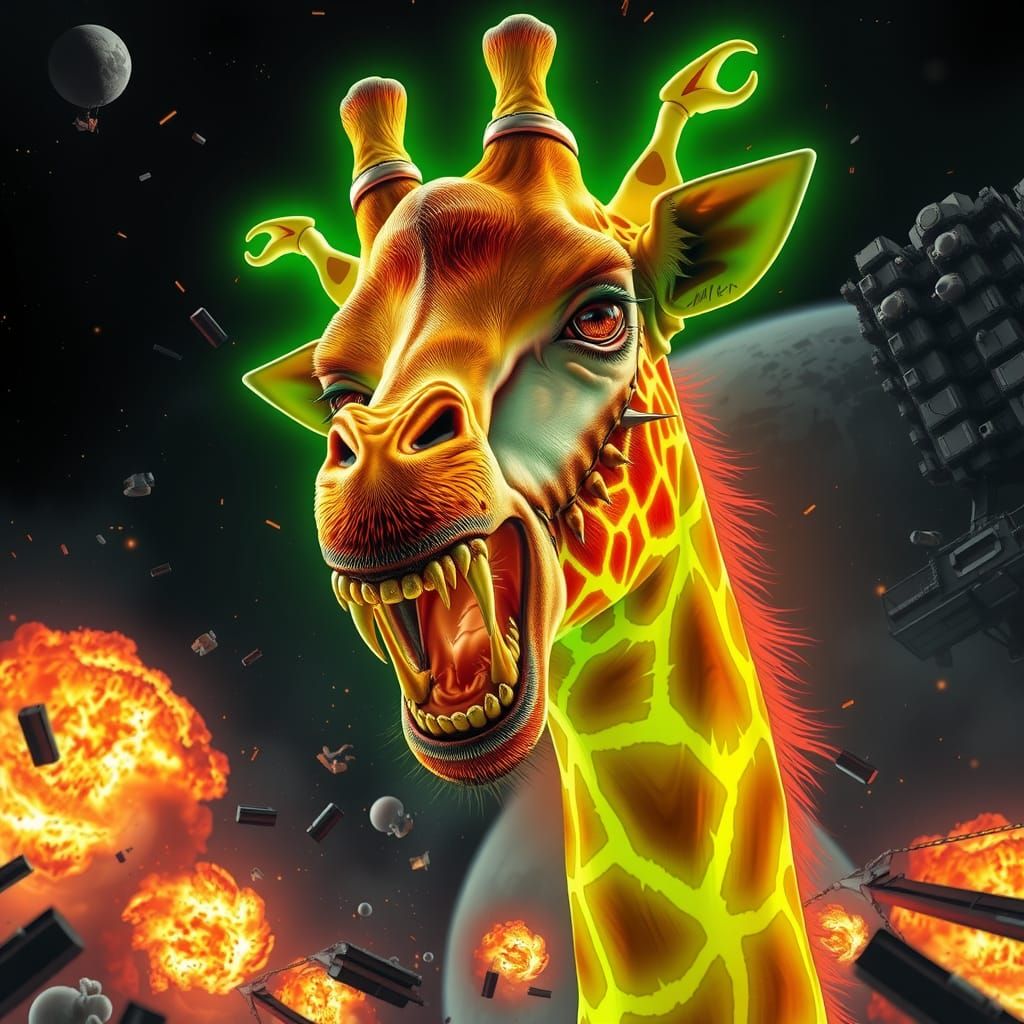 Bioluminescent Giraffe in Cyberpunk Space Apocalypse