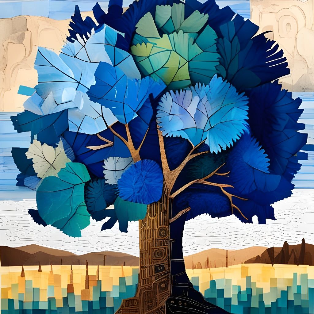 Magnificent Blue Tree Collage with Gold Paint