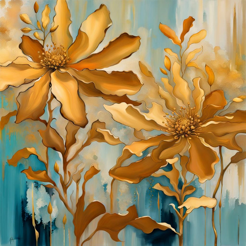 Gilded Abstract Floral Botanical Art in Painterly Style