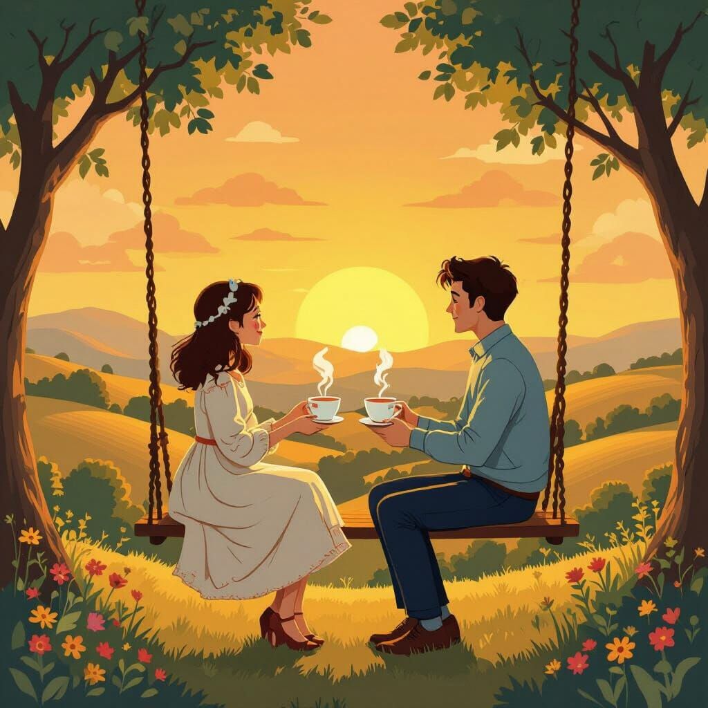 Couple on Swing at Sunset in Whimsical Style