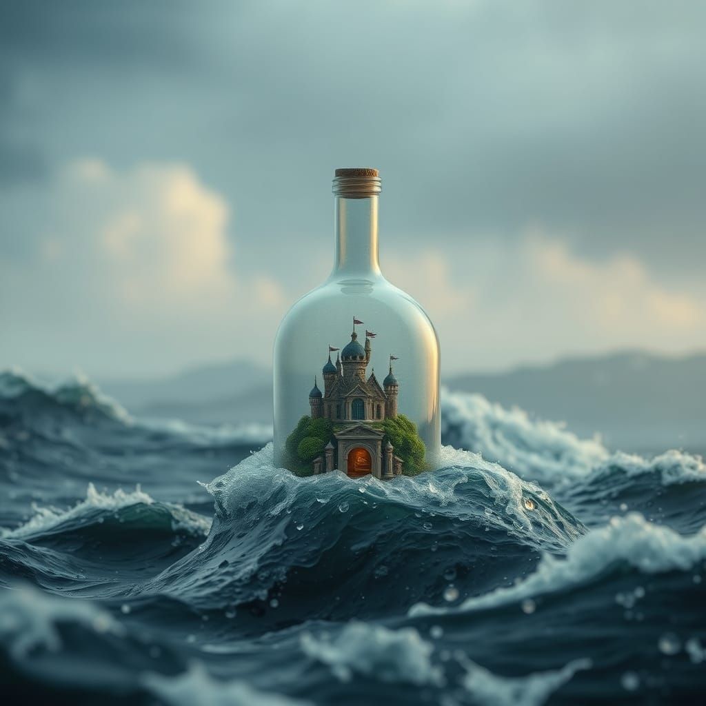 Ornate Bottle Containing Miniature World on Stormy Sea