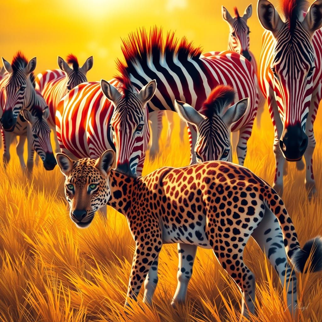 Wildlife Scene in African Grasslands, Leopard Sneaking Up on...