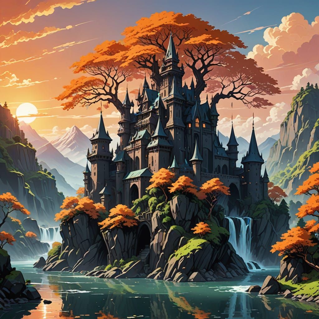 Majestic Orange Castle Scene in Vibrant Flat Style