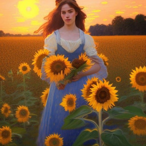 Impressionist Woman in Sunflower Field at Sunset