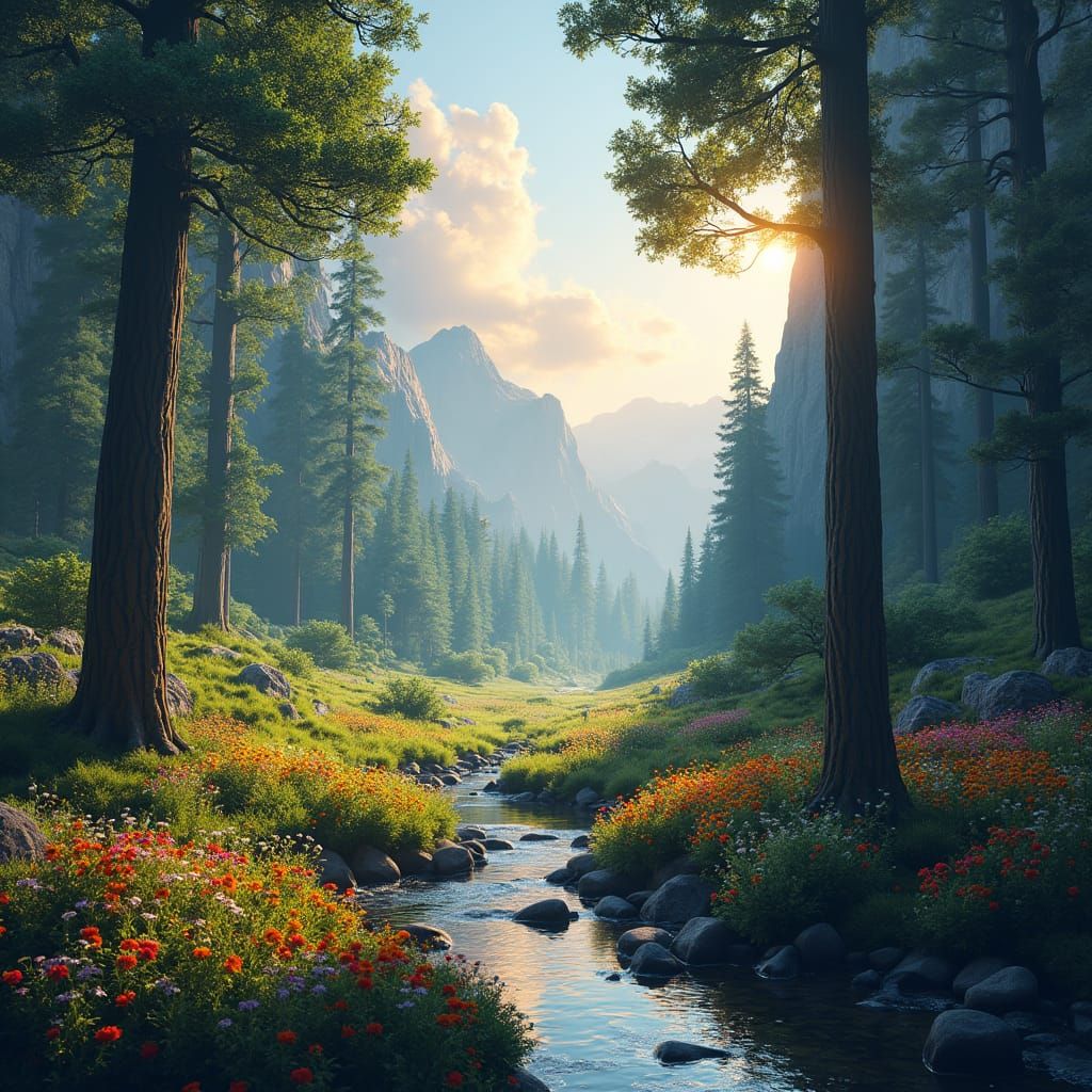 Lush Forest Landscape with Stream in Detailed Matte Painting