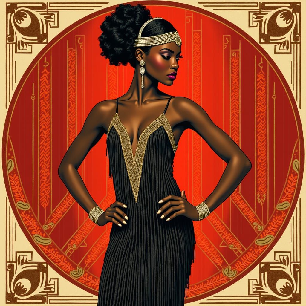 Art Deco Flapper Portrait with Red Geometric Backdrop