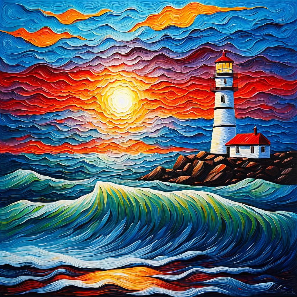 Lighthouse Sunset: Impasto Painting in Abstract Style