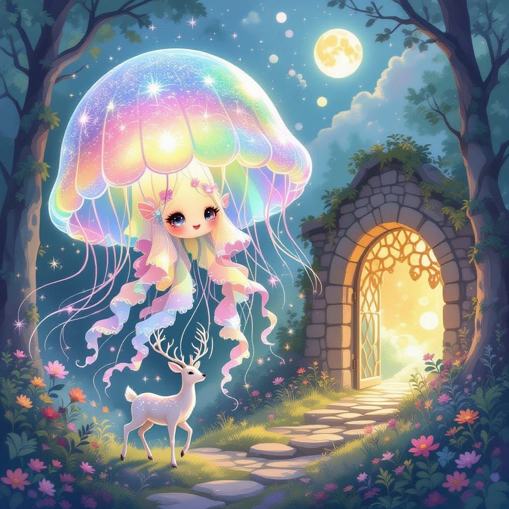 Bioluminescent Jellyfish in Dreamy Pastel Forest