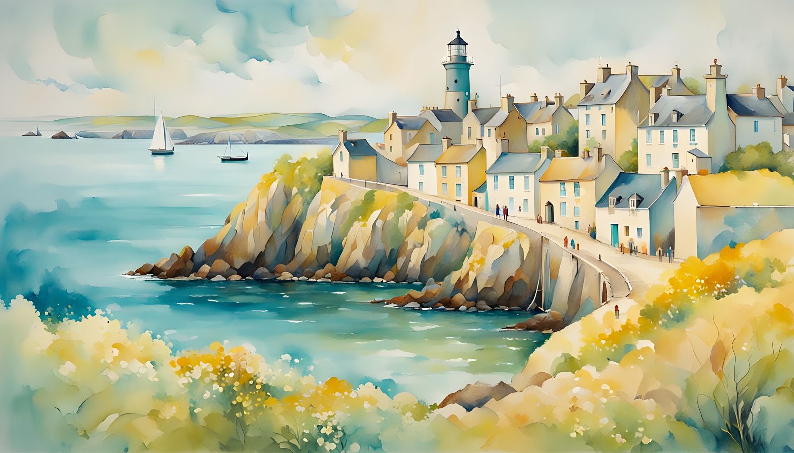 Brittany Fishing Port in Watercolor Style