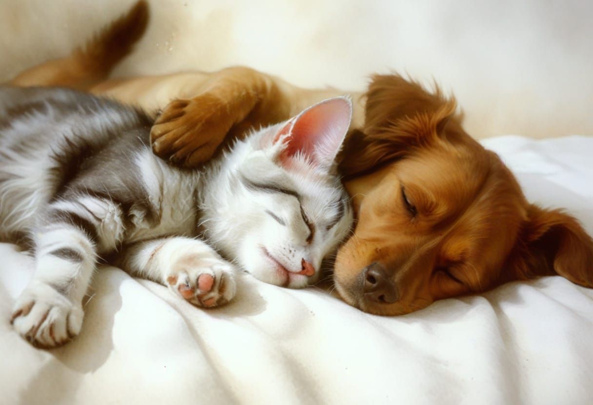 Peaceful Moment: Cat and Dog in Watercolor