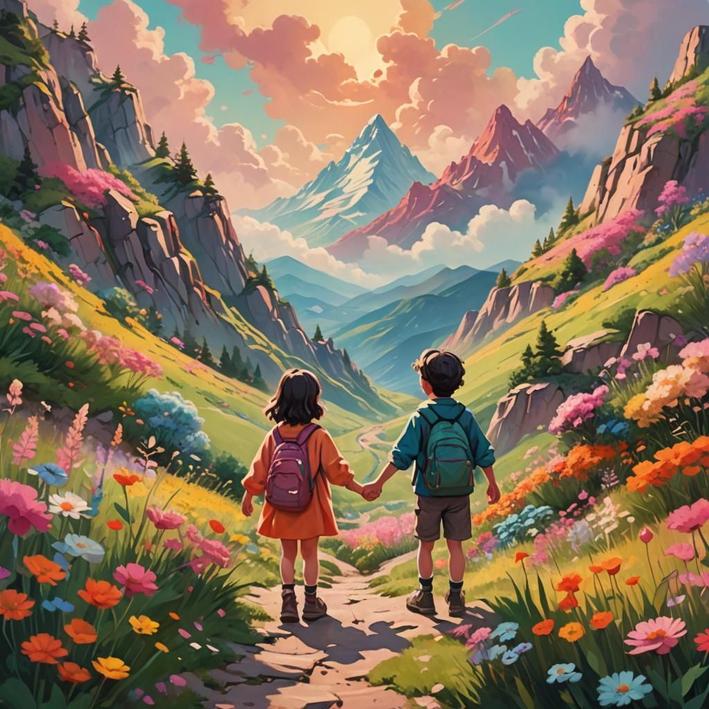 Kids on Colorful Mountain in Naive Art Style