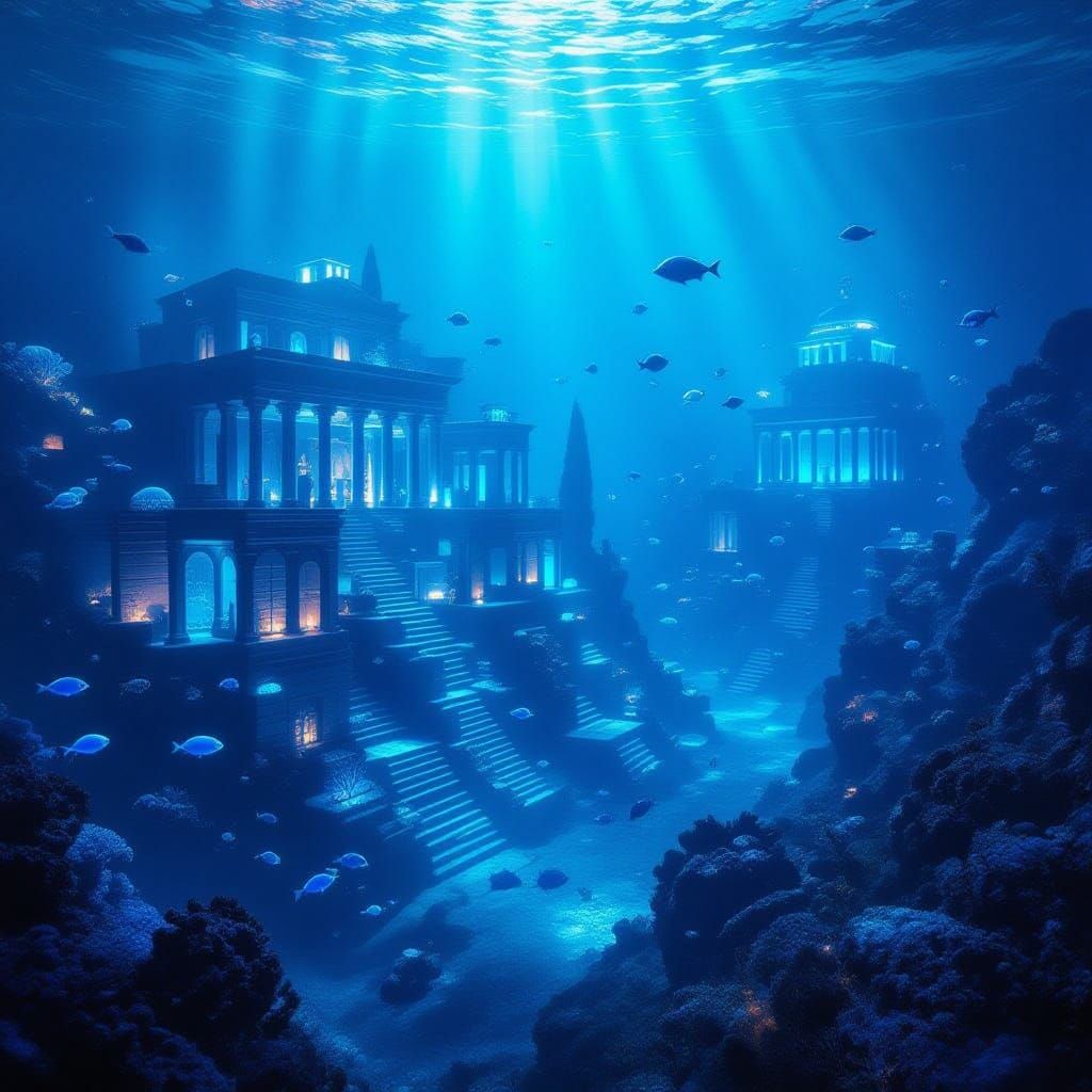 Underwater Greek City in Dark Blue Bioluminescent Hues