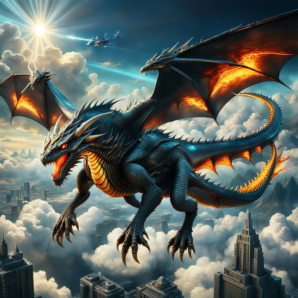 Futuristic Dragon Soaring Through Clouds: Digital Matte Pain...