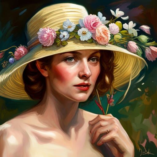 Woman with an elegant straw hat with flowers and a long ribbon,  , 8k resolution concept art portrait by Greg Rutkowski,...