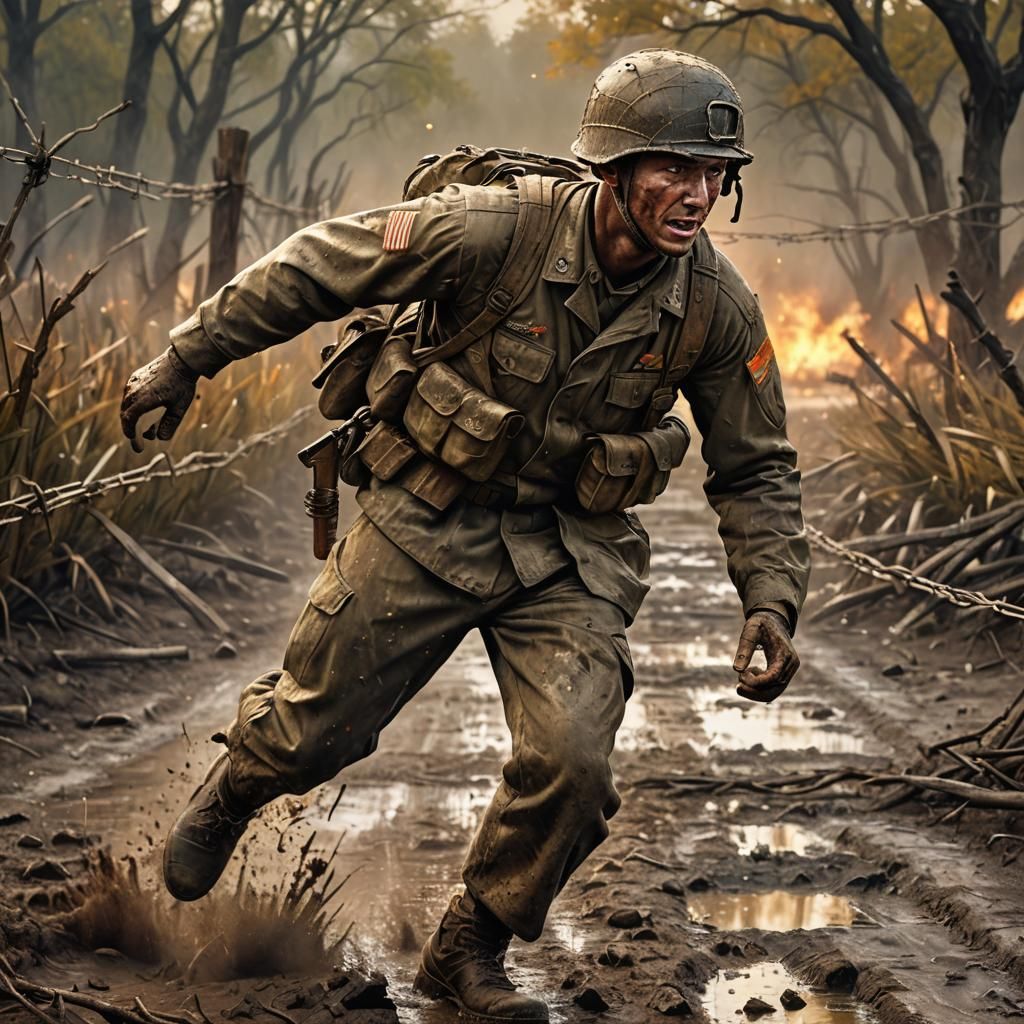 American WW2 Soldier Runs Through Battlefield: Hyperrealisti...