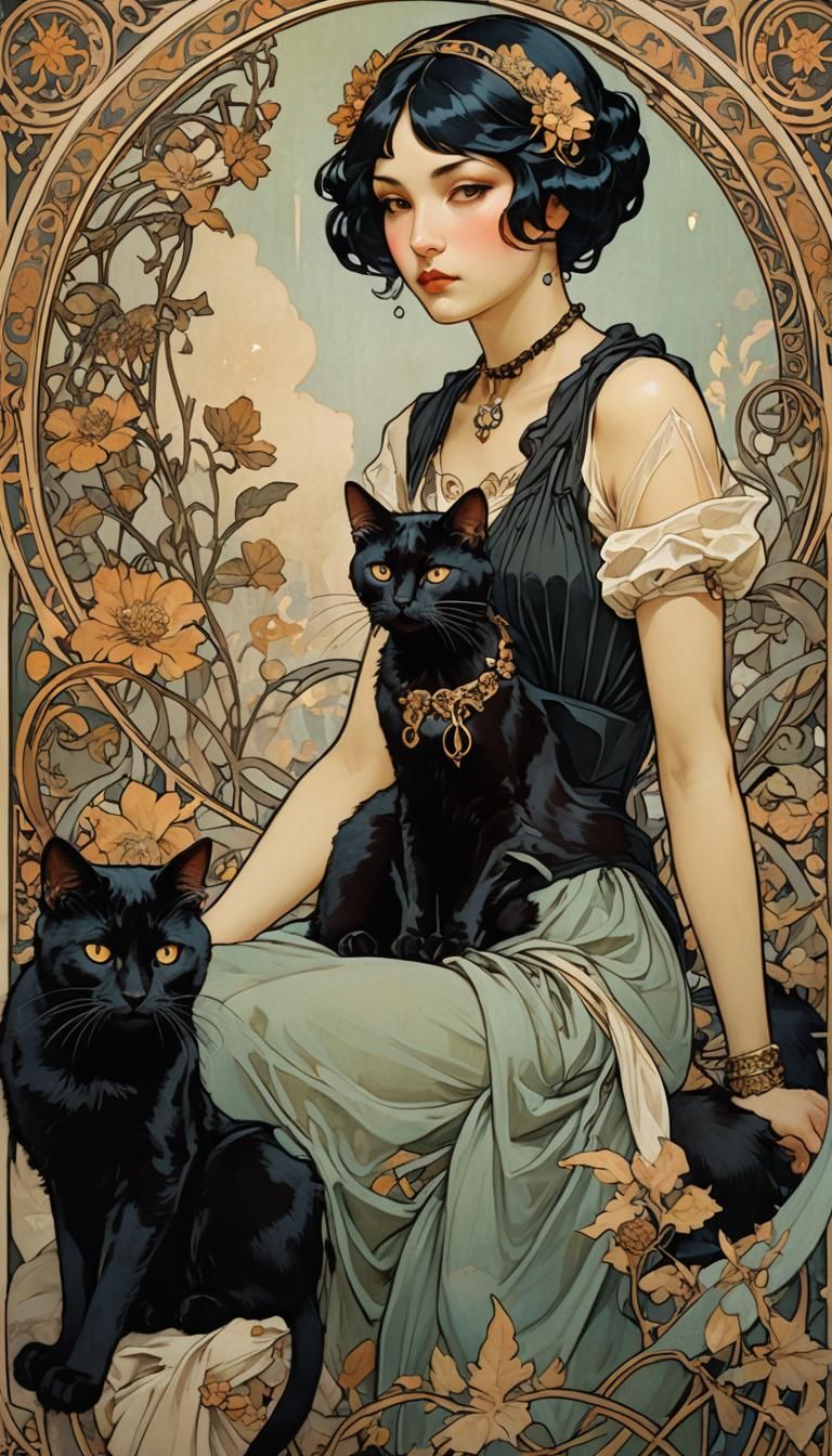 Girl with Black Cat in Art Nouveau Style