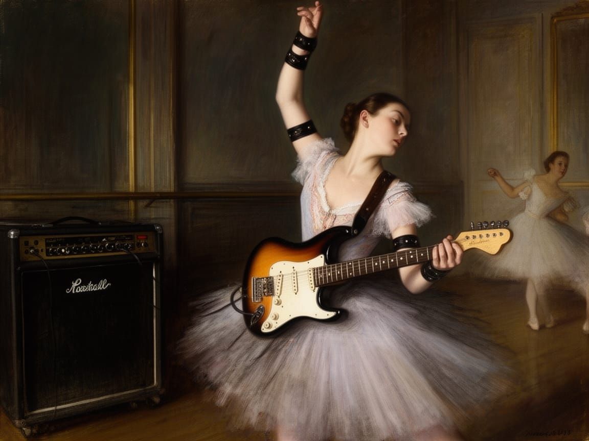 Ballerina Playing Electric Guitar in Degas Style