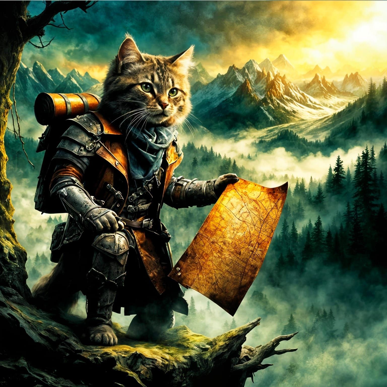 An anthropomorphic cat traveler, clad in worn leather armor and carrying a weathered map, stands at the edge of a misty ...