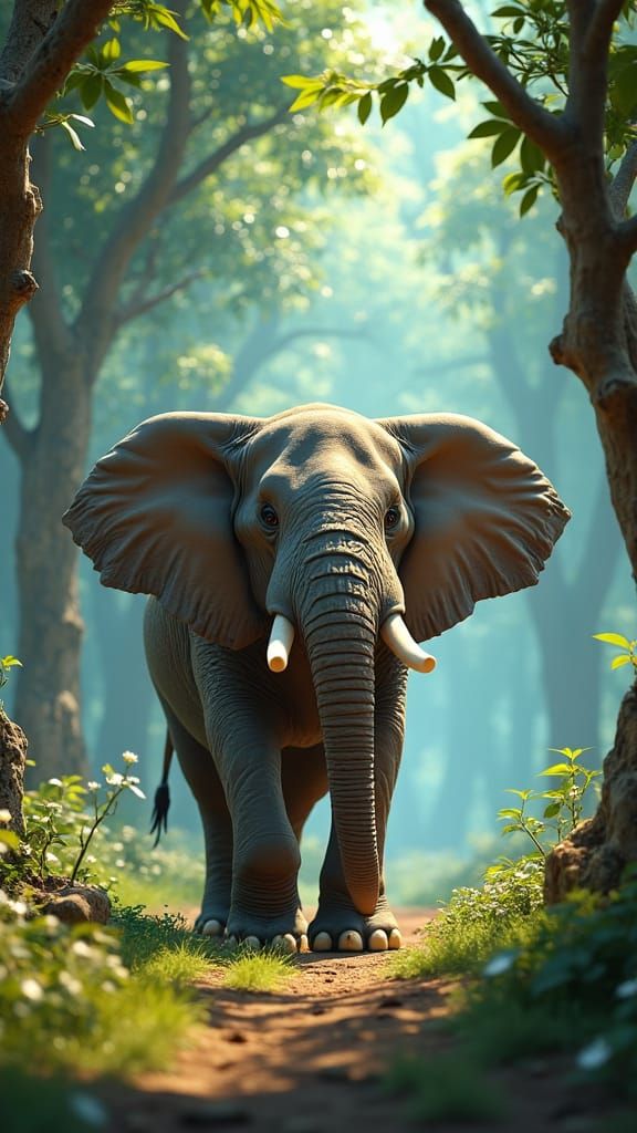 Wild Elephant in Lush Forest: 3D Cartoon Render