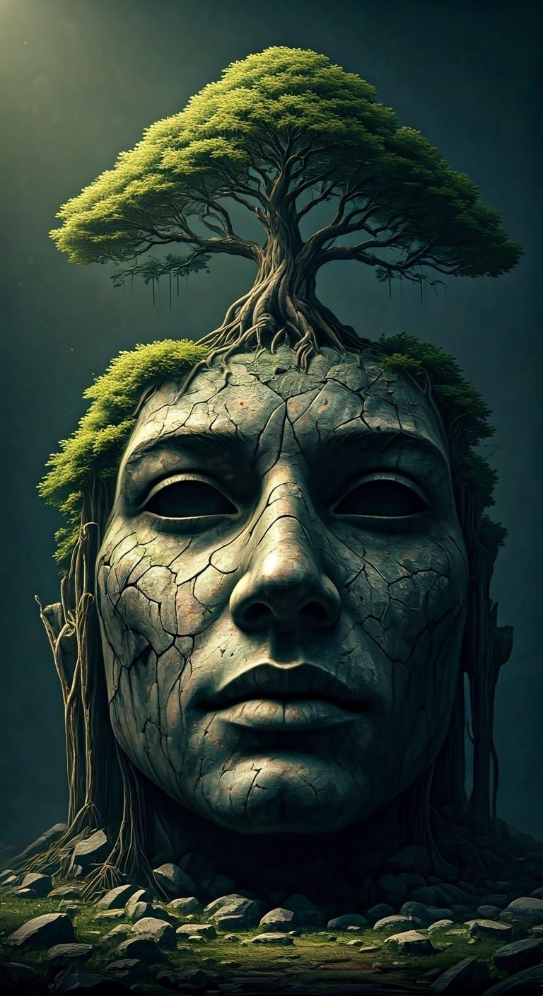 Ancient Stone Face Ruin with Floating Bonsai