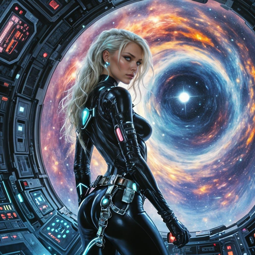 Blond Space Commander on Starship Bridge