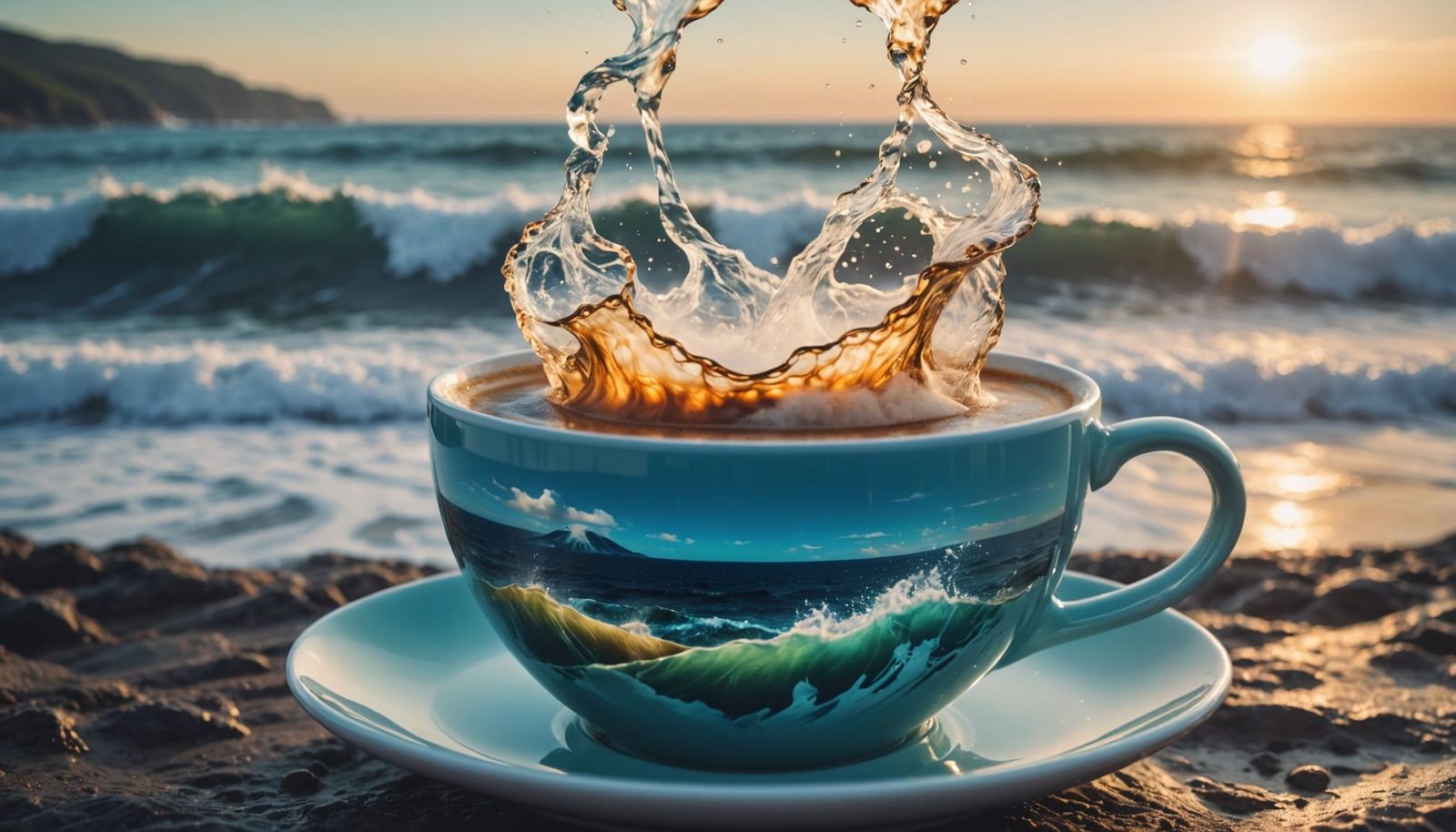 Coffee Cup Blended with Ocean Waves Double Exposure
