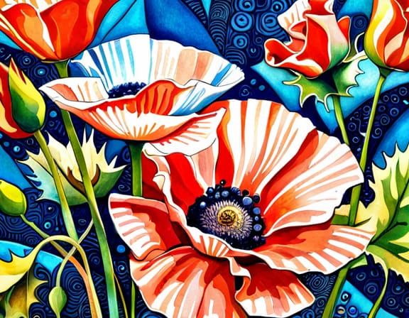 Poppy Flowers in Sparkling Collage Drawing Style