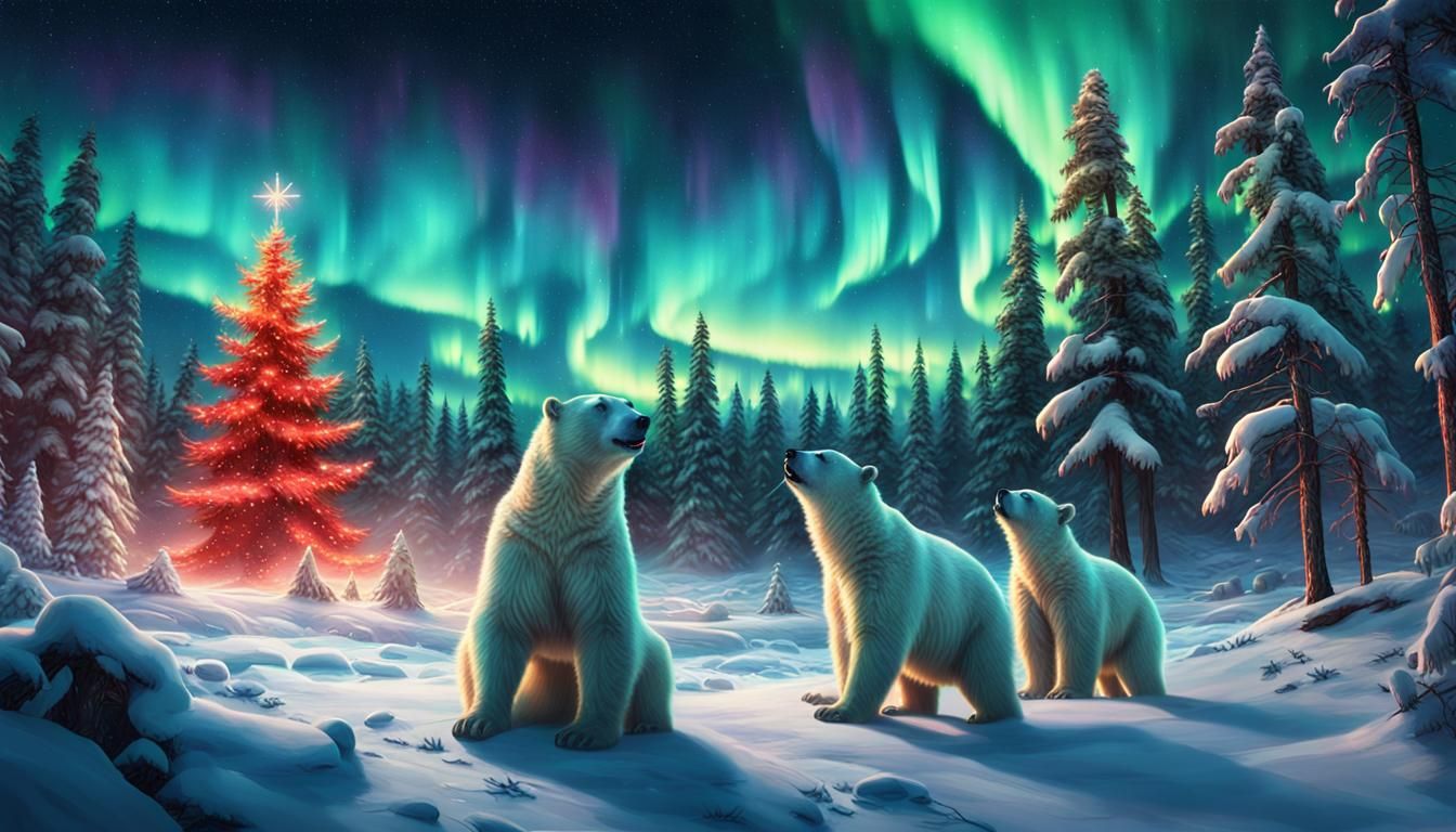 Polar Bears Play in Snowy Aurora Landscape