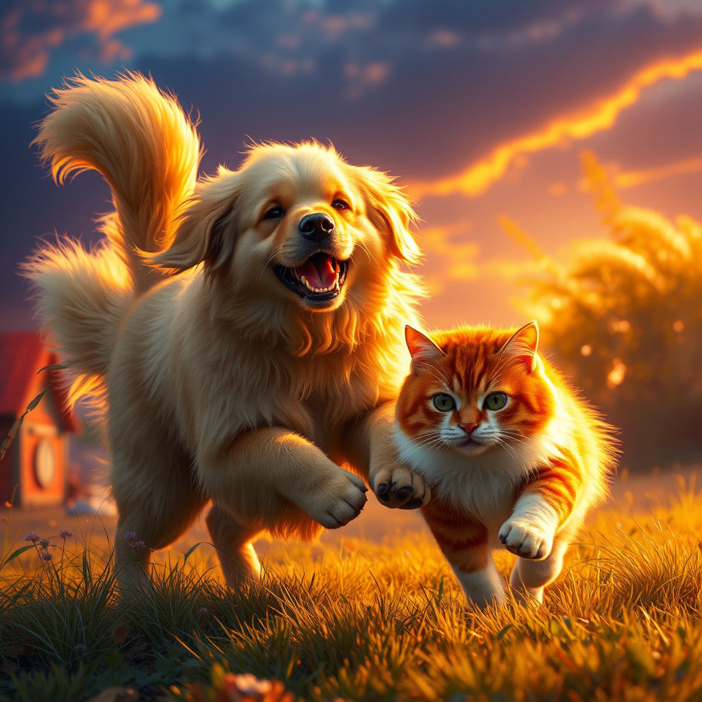 Golden Retriever and Cat Play in Sunrise Light