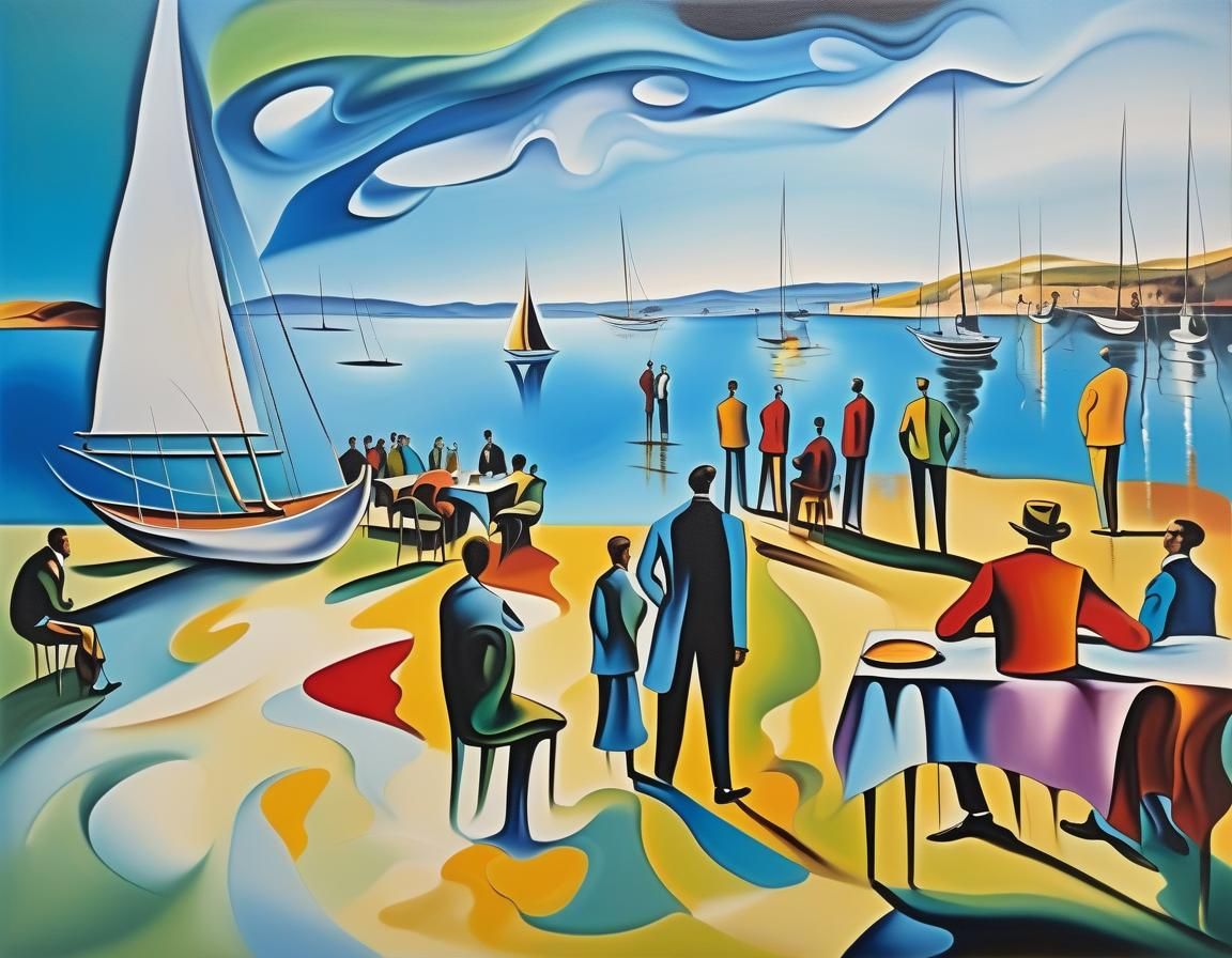 Casual Social Gathering by the Water in Surreal Style