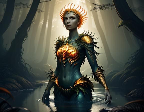 Female Amphibioid Emerges in Mystical Forest