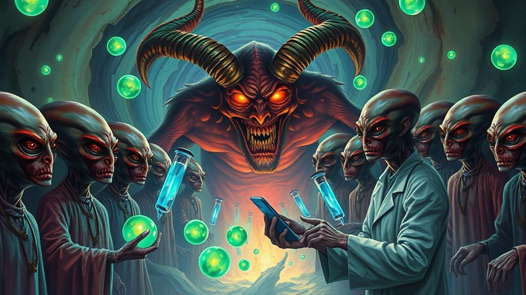 Aliens Watch a Demon in Surrealist Digital Art