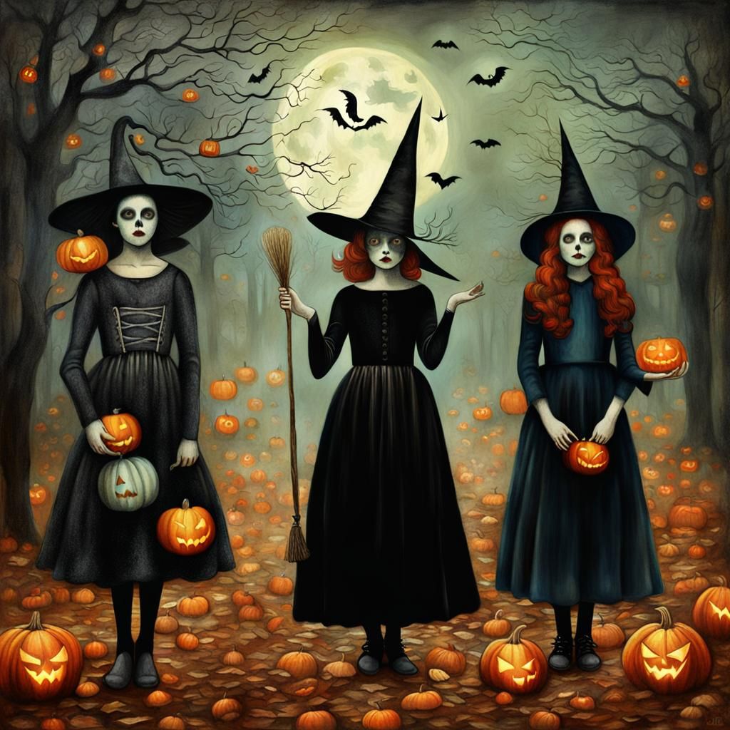 Witches and Ghosts at Halloween Party in Oil Painting Style