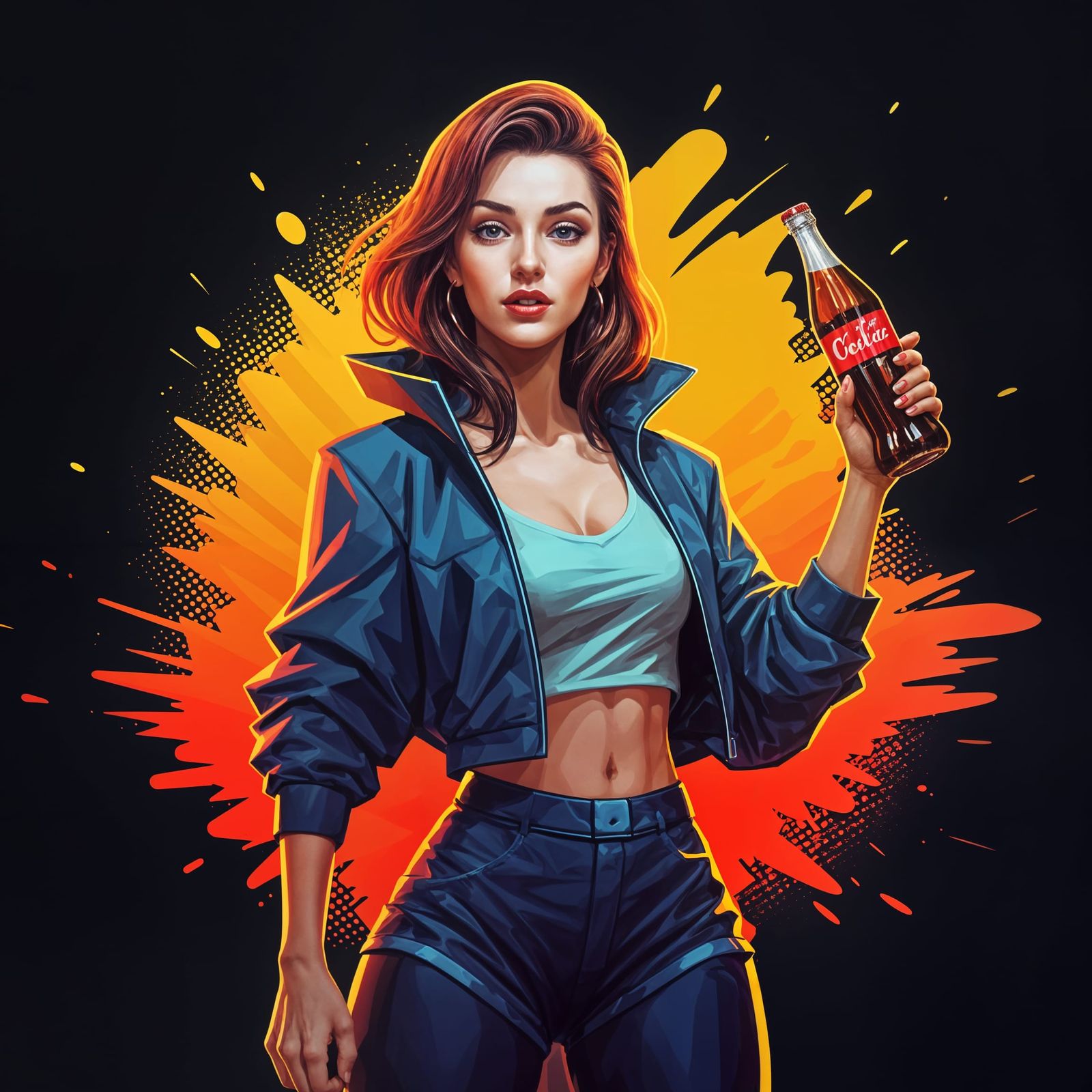 Sleek Pop Art Woman Showcases Cola in Modern Advertisement