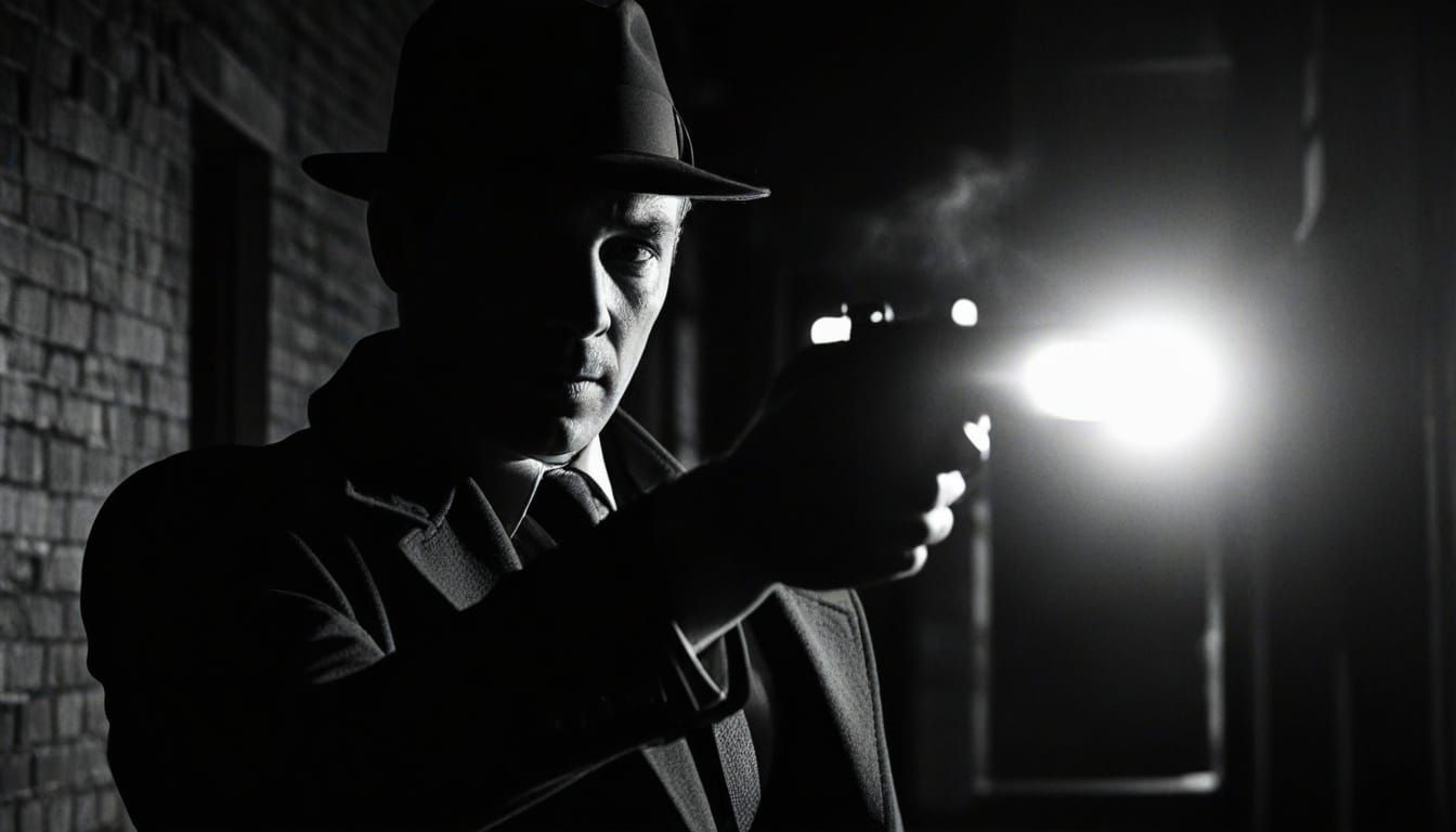 Film Noir Detective with Gun in Dark Alley