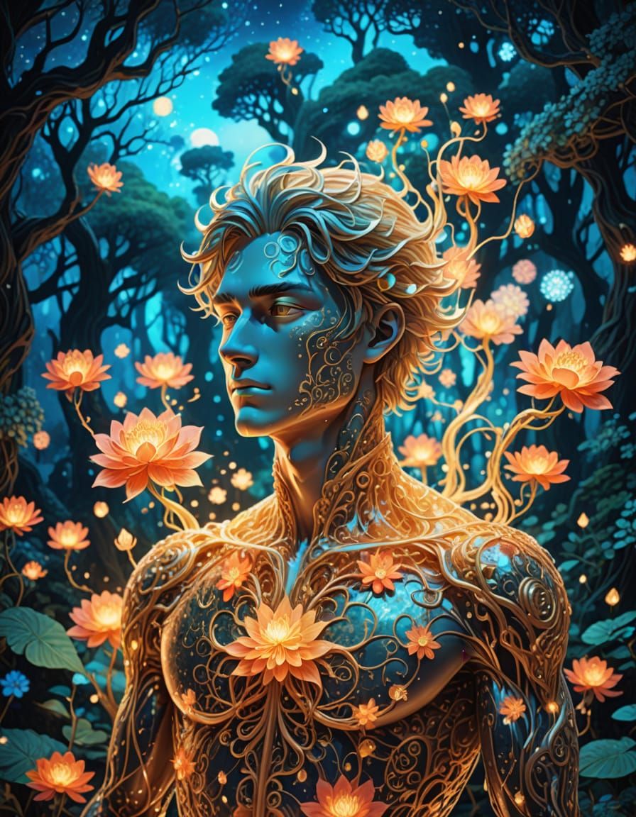 Ghostly Manga Hero in Vibrant Floral Wonderland