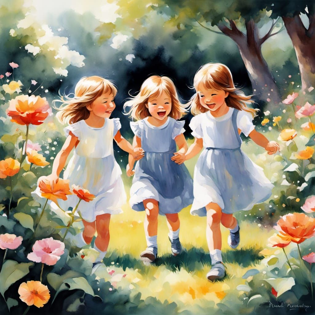 Whimsical Watercolor Garden Scene of Children at Play