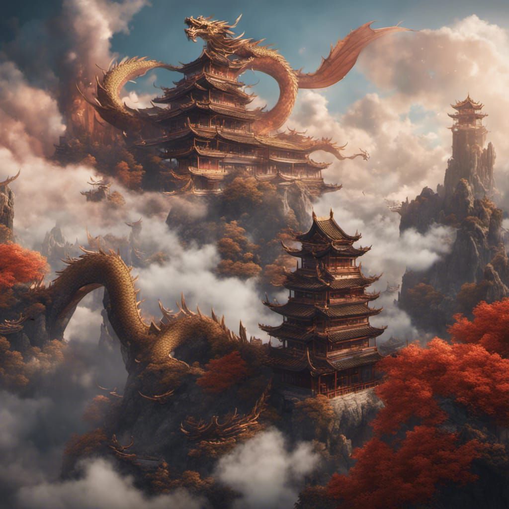 Chinese Dragon Soaring Near Palace: Detailed Matte Painting