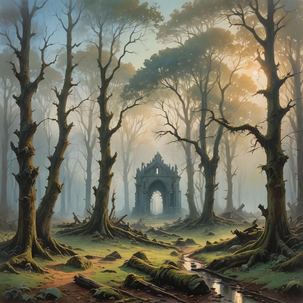 Ethereal Misty Forest Landscape Painting