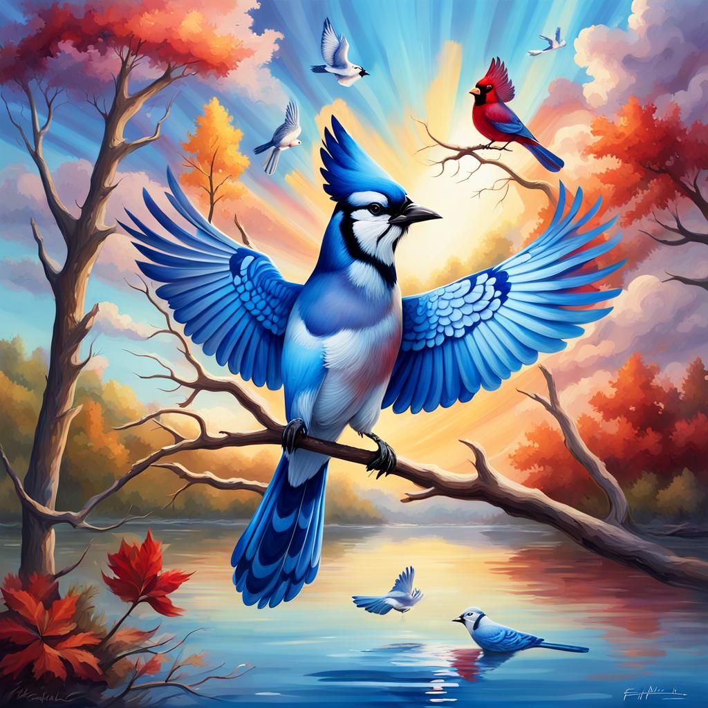 Birds on Branches Above Lake: Fantastical Concept Art