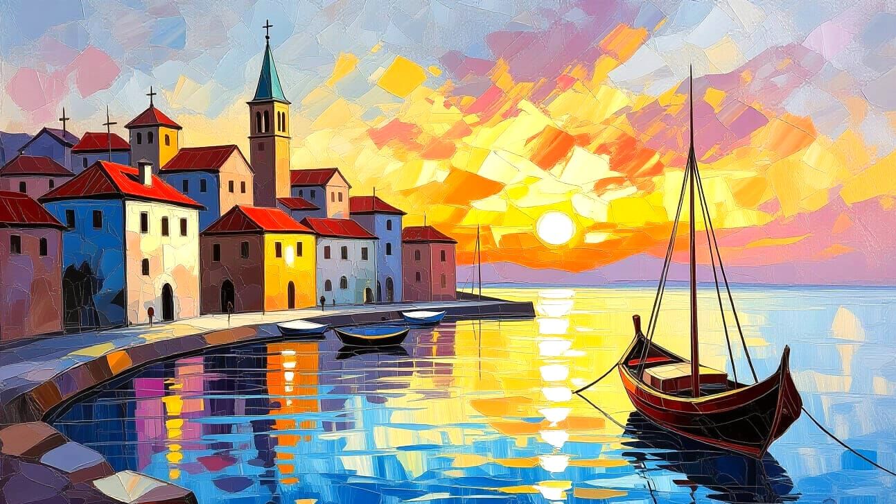 Medieval Harbor City Sunset: Impasto Watercolor Painting