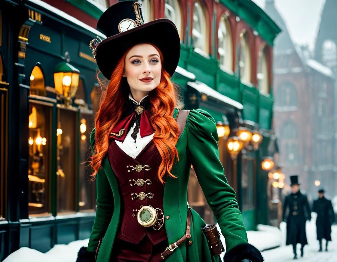 Steampunk Woman in Snow-Covered City