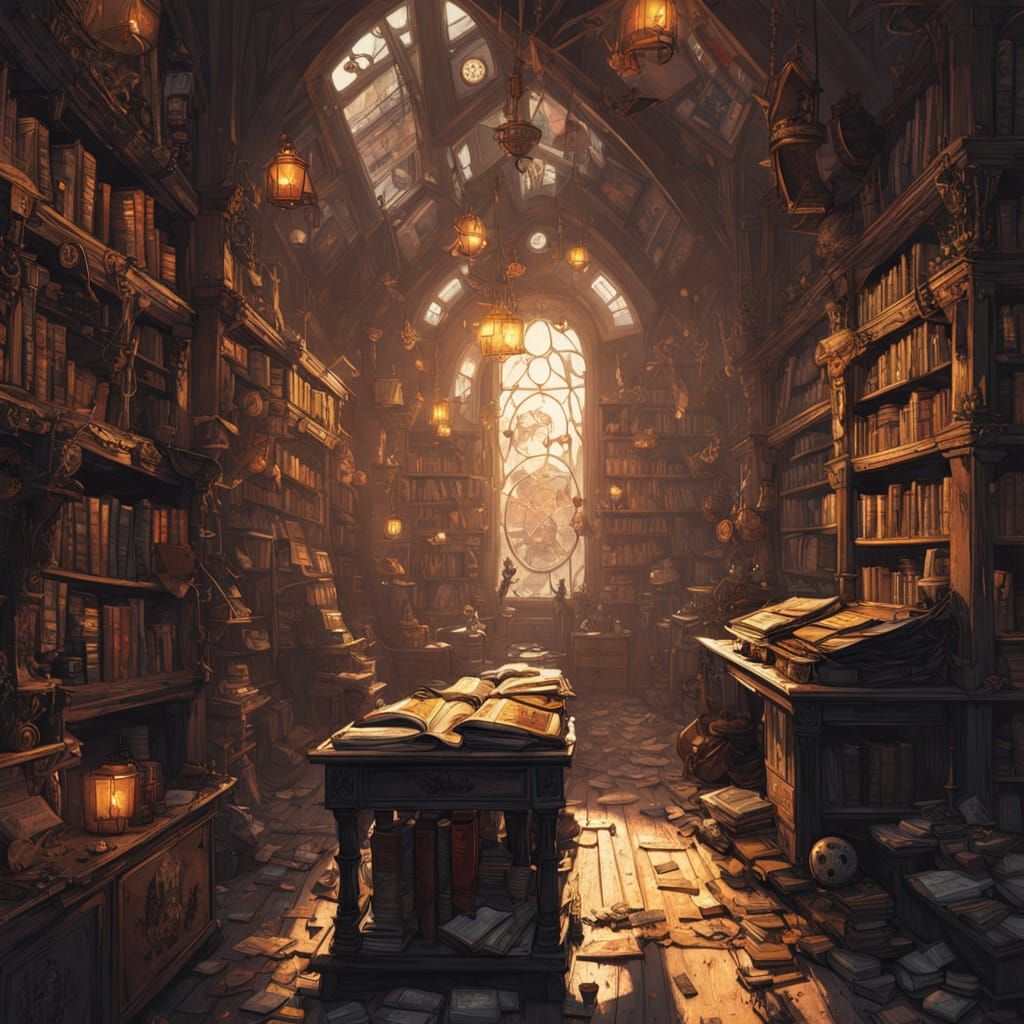 Whimsical Library Scene in Hyper-Realistic Style